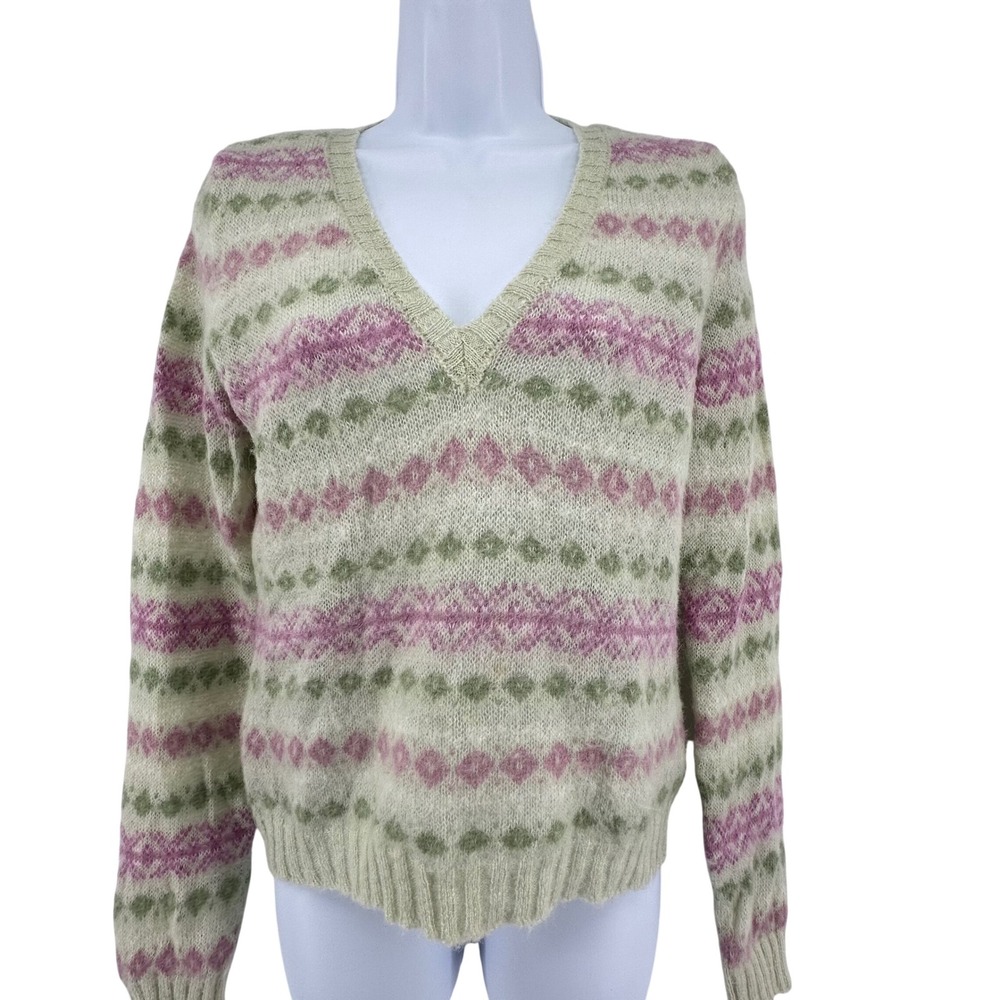 Sisley Mohair Blend V Neck Sweater Fair Isle Cottage Soft Girl Women M